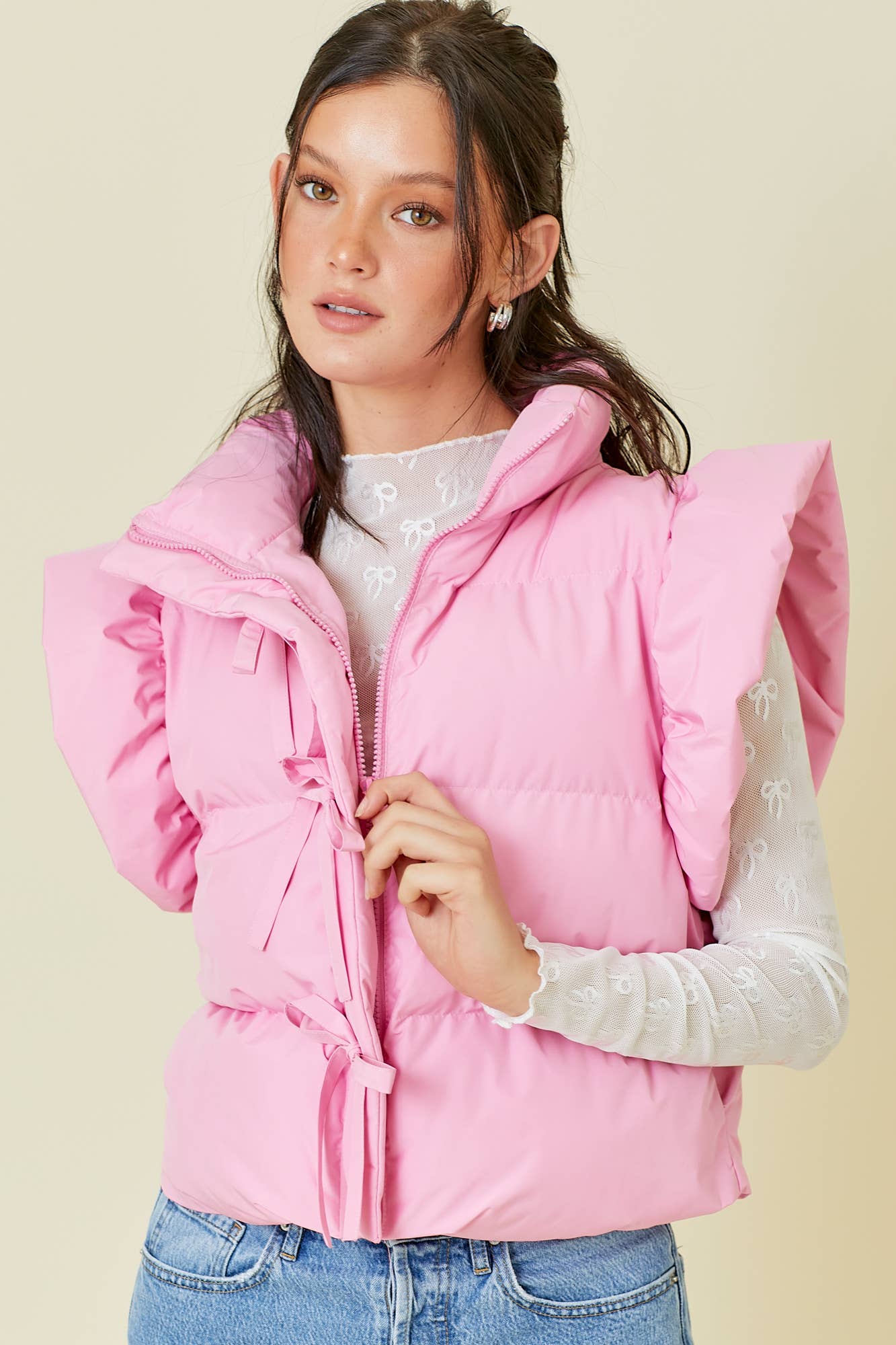 Ruffle Puffer Vest With Bow Tie Detail
