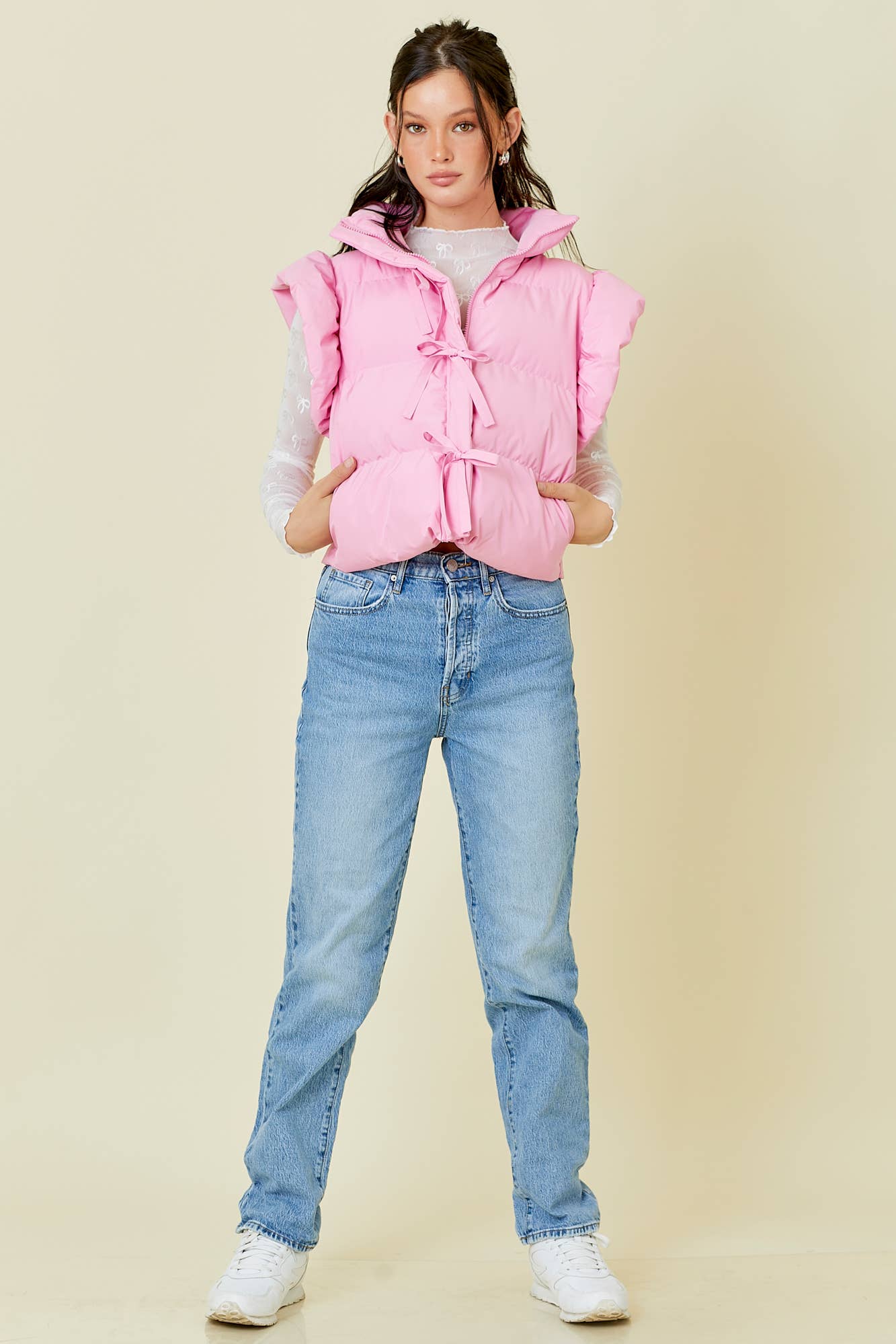 Ruffle Puffer Vest With Bow Tie Detail