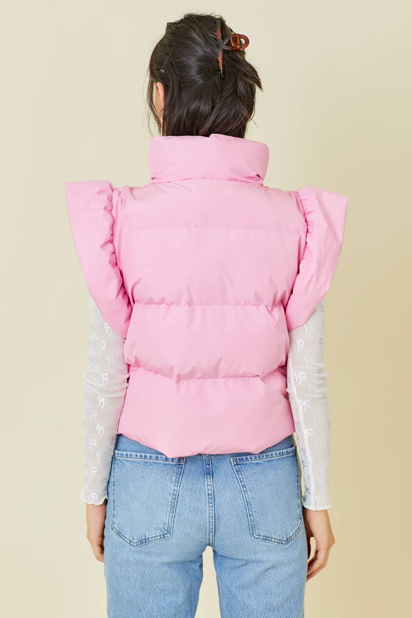 Ruffle Puffer Vest With Bow Tie Detail