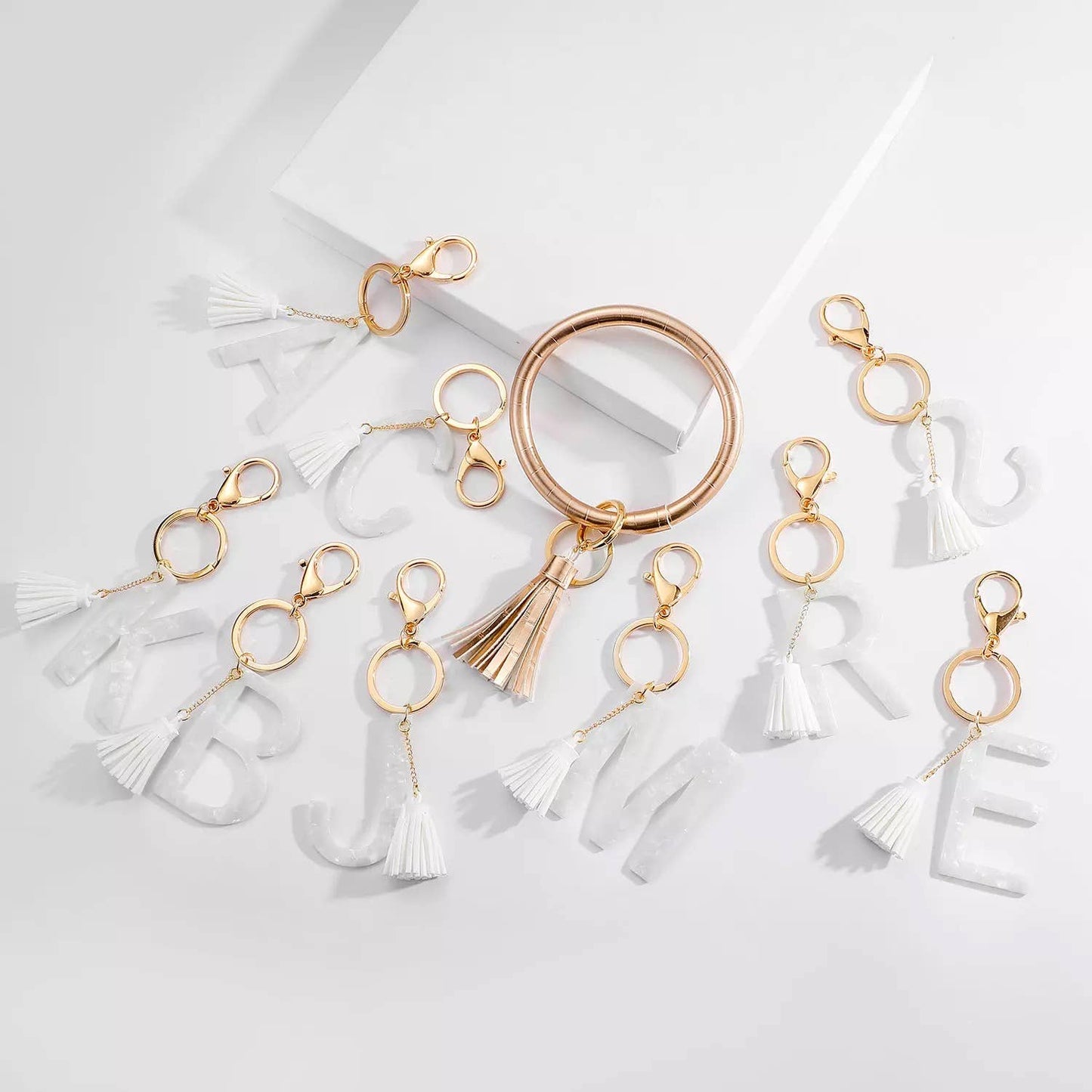 Tasseled Initial Key Chain, White