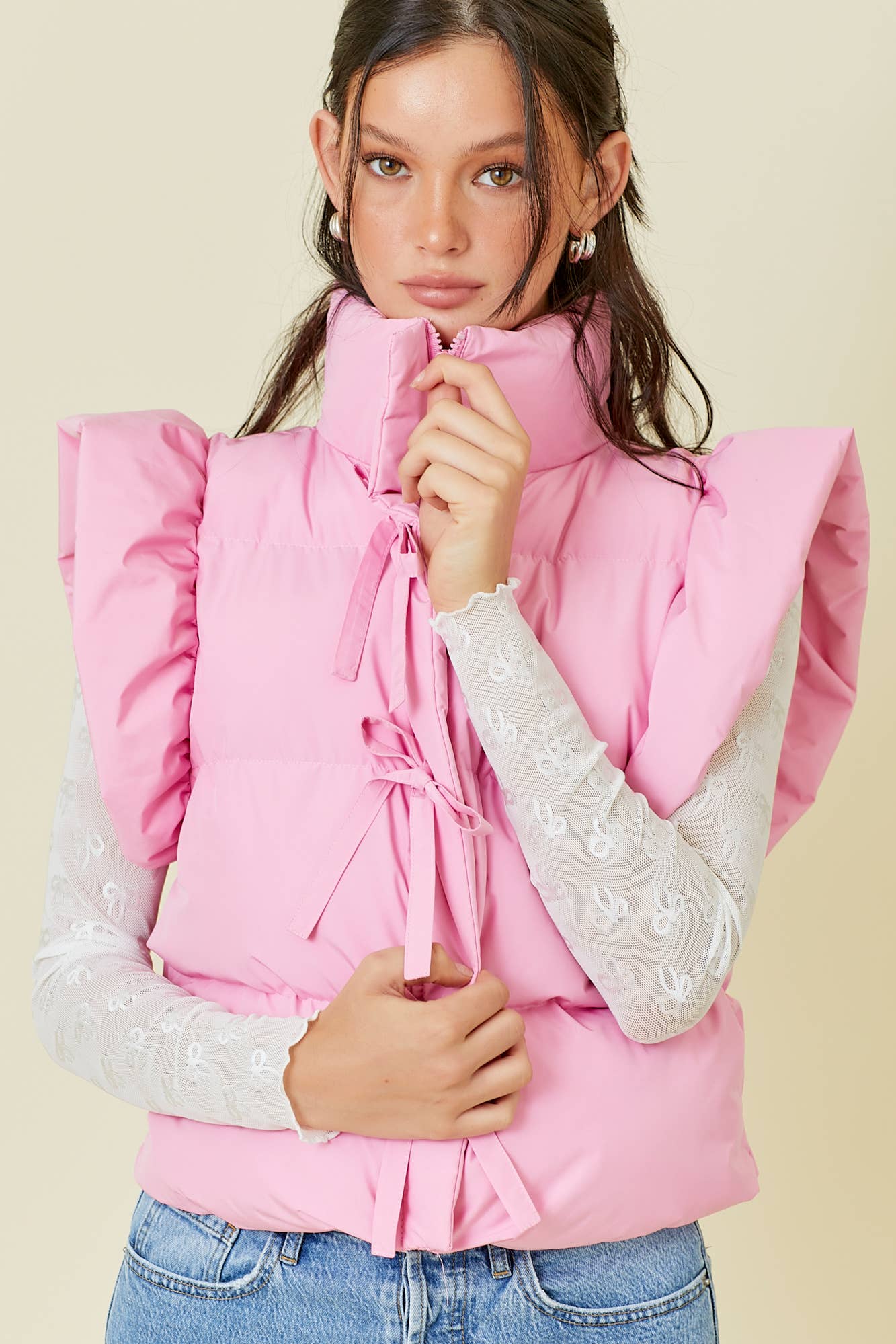 Ruffle Puffer Vest With Bow Tie Detail