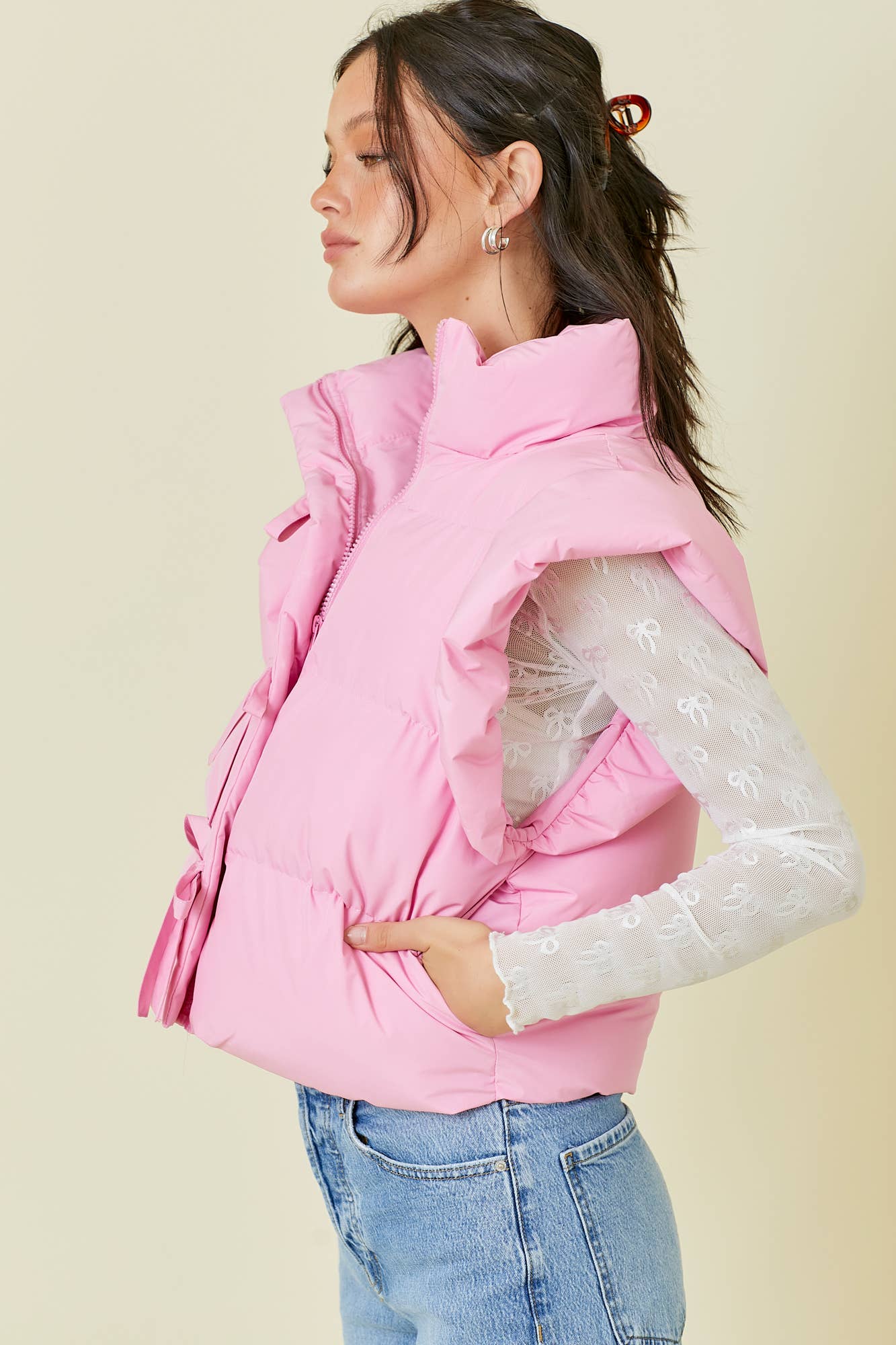 Ruffle Puffer Vest With Bow Tie Detail