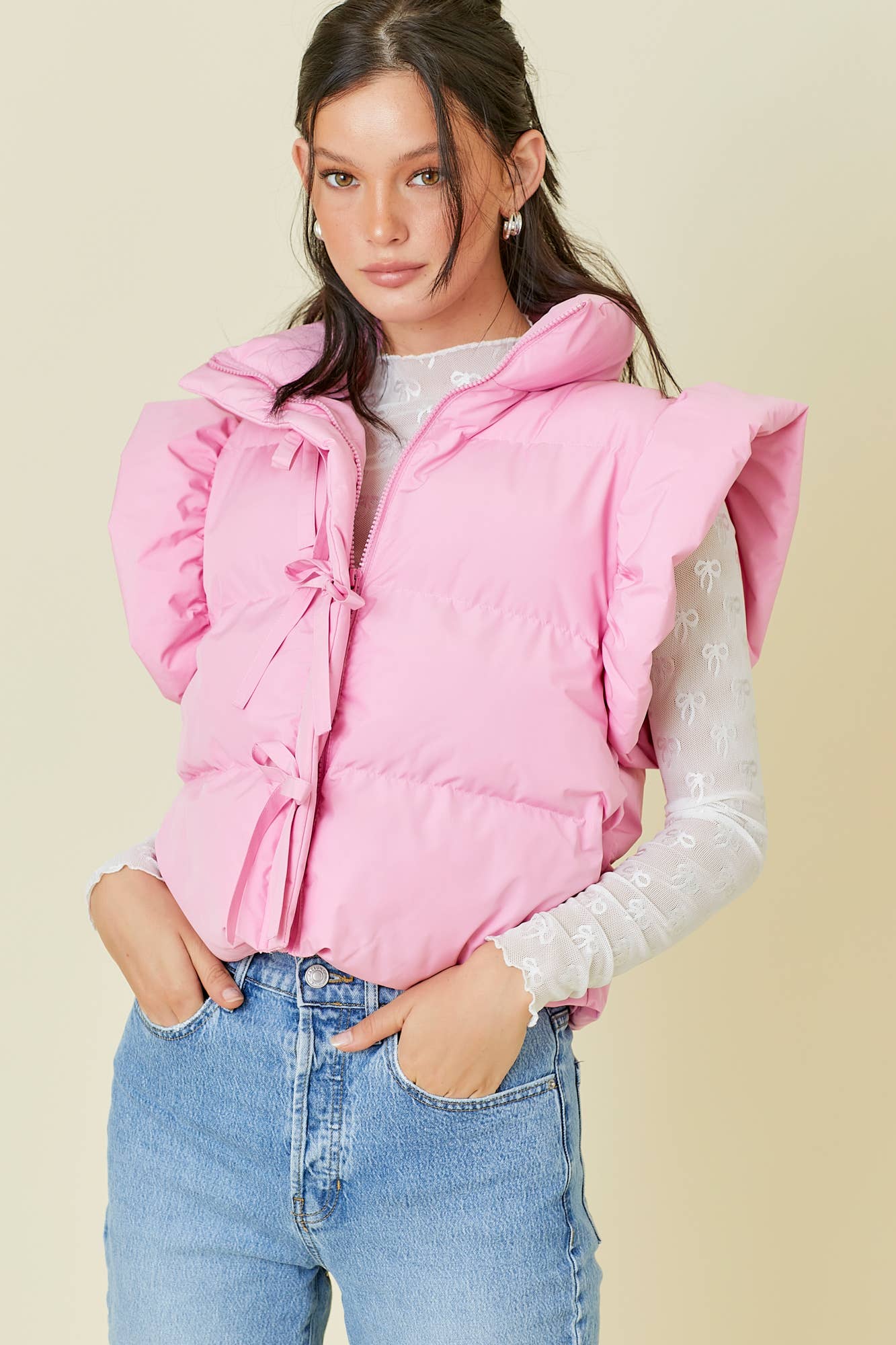 Ruffle Puffer Vest With Bow Tie Detail