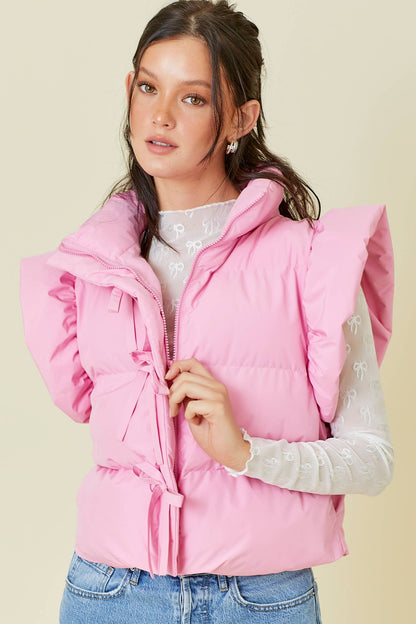 Ruffle Puffer Vest With Bow Tie Detail