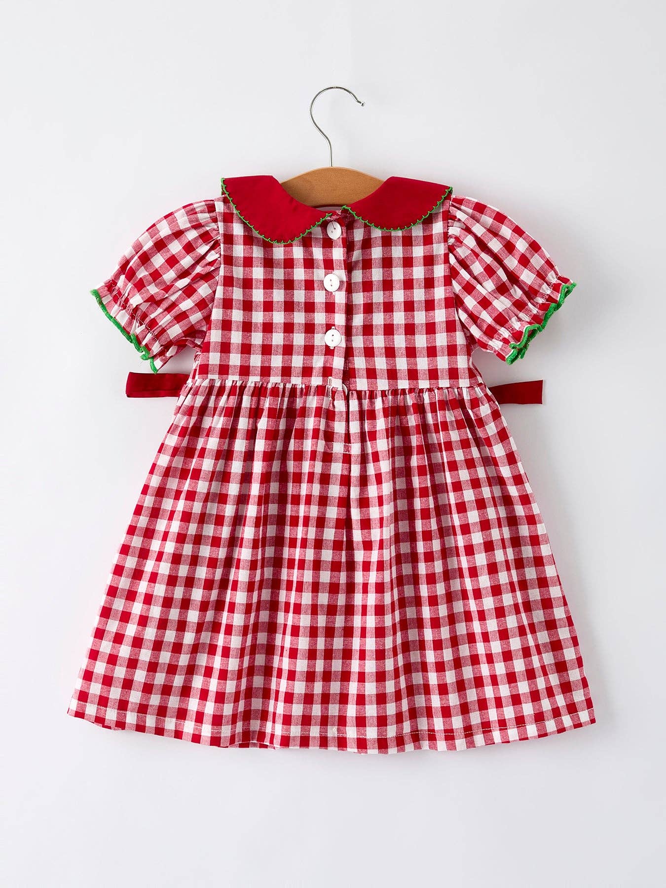 Girls Christmas Outfit – Red Plaid Dress with Tree Bow Accents