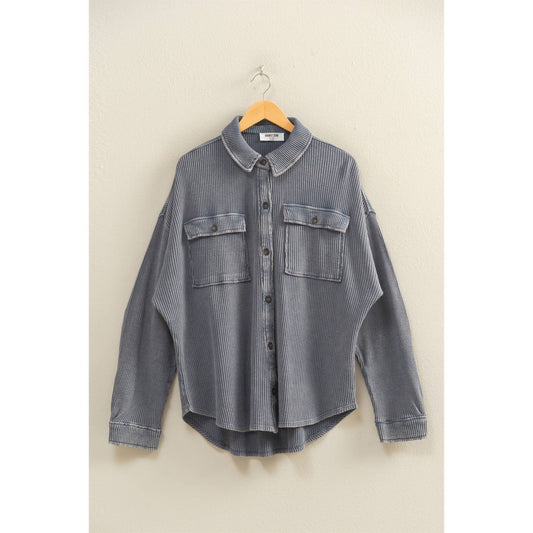 Oversized Mineral Wash Waffle Button Up Shacket