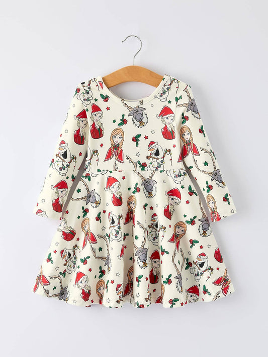 Christmas Girls Long Sleeve Dress with Character& Reindeer Print