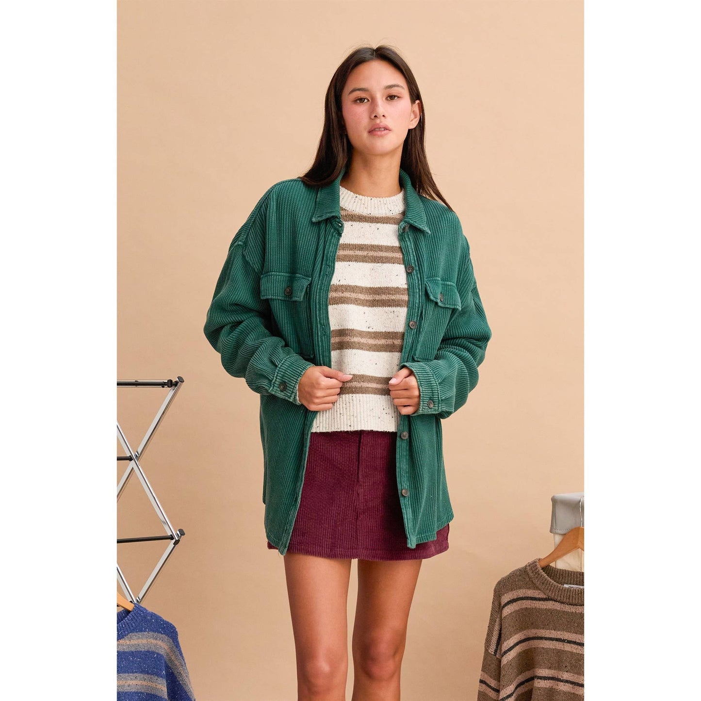 Oversized Mineral Wash Waffle Button Up Shacket